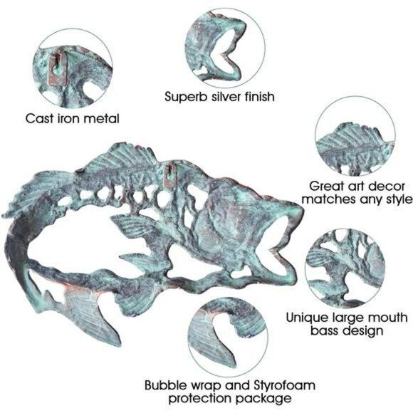 Cast Iron Fish Wall Art Large Mouth Bass Metal Decor Rustic Nautical Sign - Picture 3 of 8